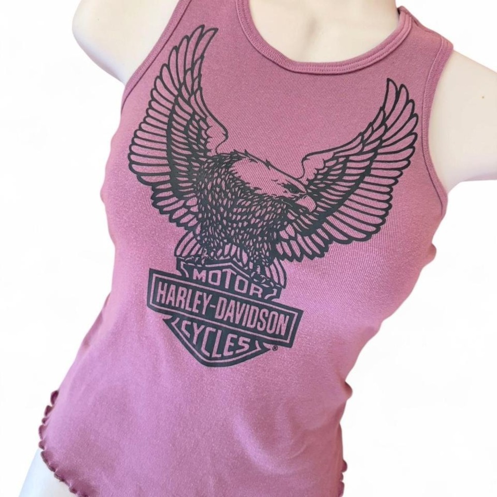 Y2K 2000s style Harley Davidson purple tank top with eagle‎ graphic